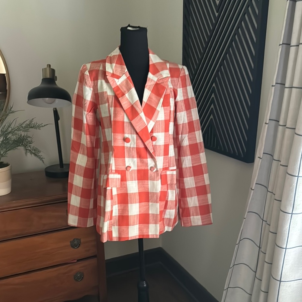 Fate Orange and ivory  Gingham  checked linen blazer small